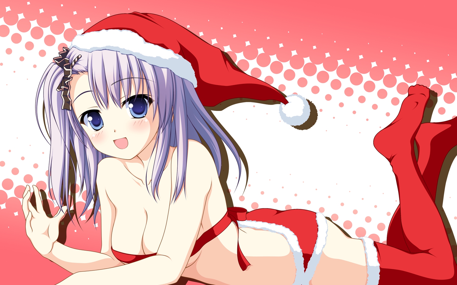 aete_mushisuru_kimi_to_no_mirai_~relay_broadcast~, blue_eyes, blush, breasts, christmas, cleavage, hat, kakesu, manabe_kei, no_bra, purple_hair, ribbons, thighhighs
