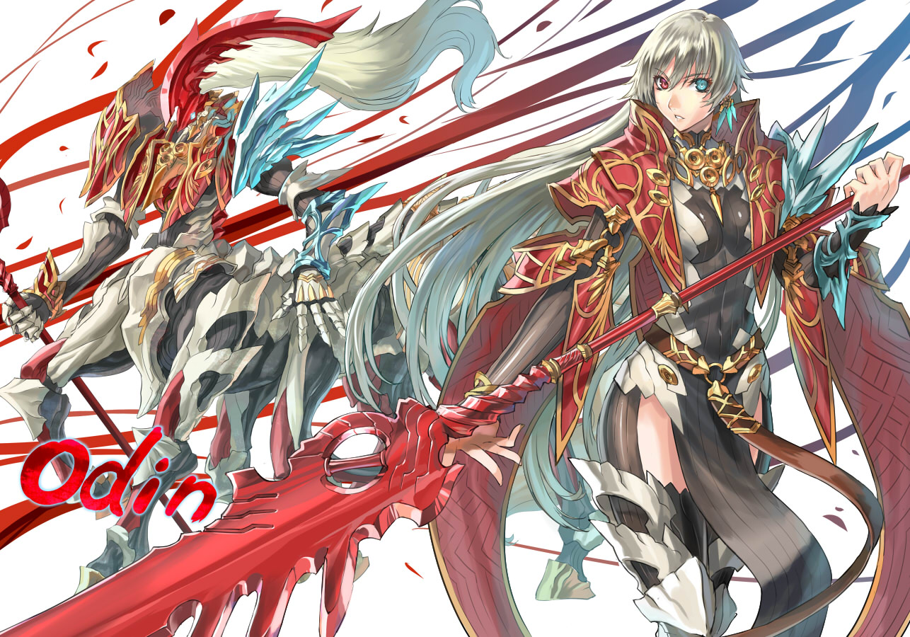 armor, bicolored_eyes, gloves, long_hair, original, ran'ou_(tamago_no_kimi), spear, weapon