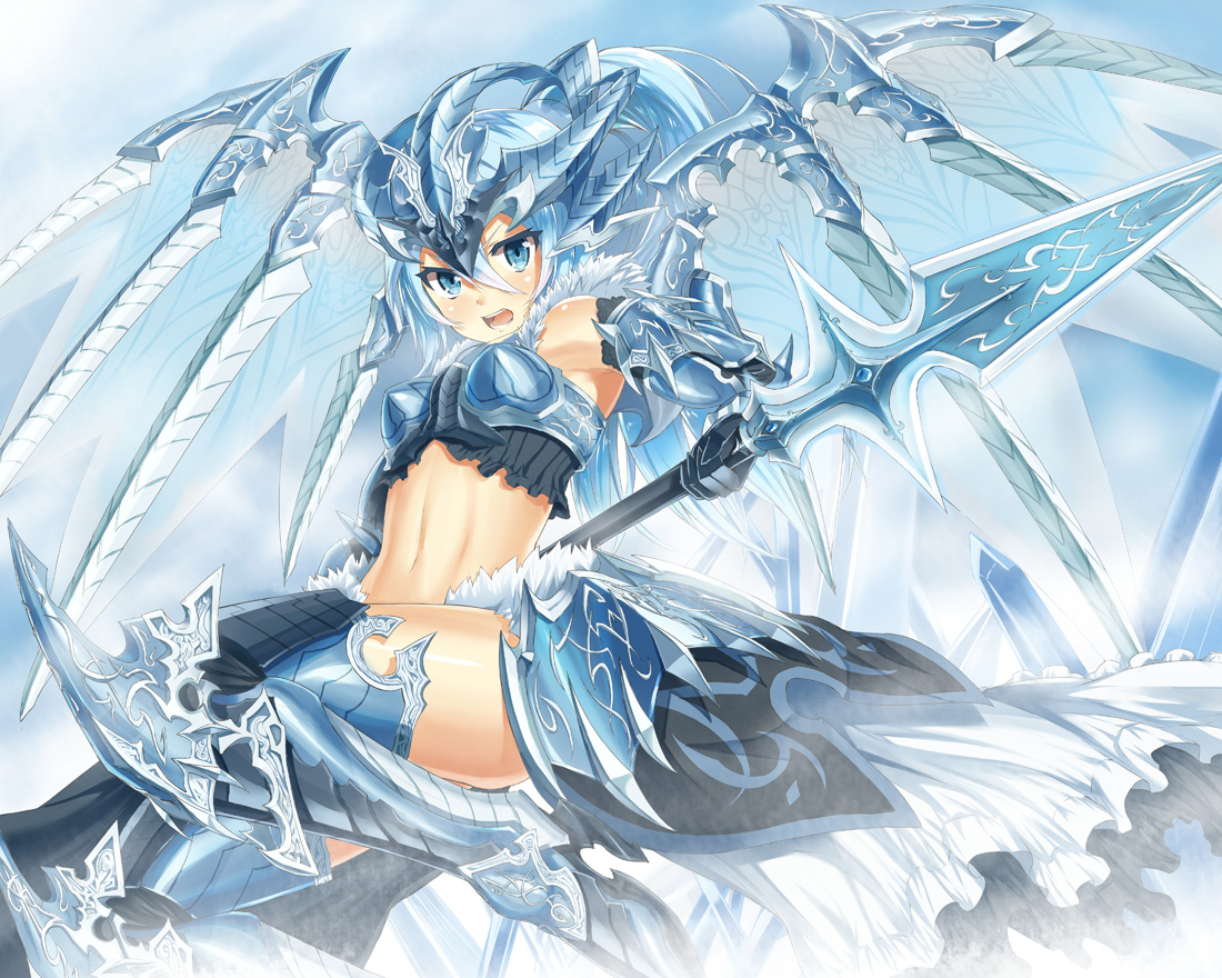 armor, blue_eyes, blue_hair, heirou, navel, original, ponytail, spear, weapon, wings