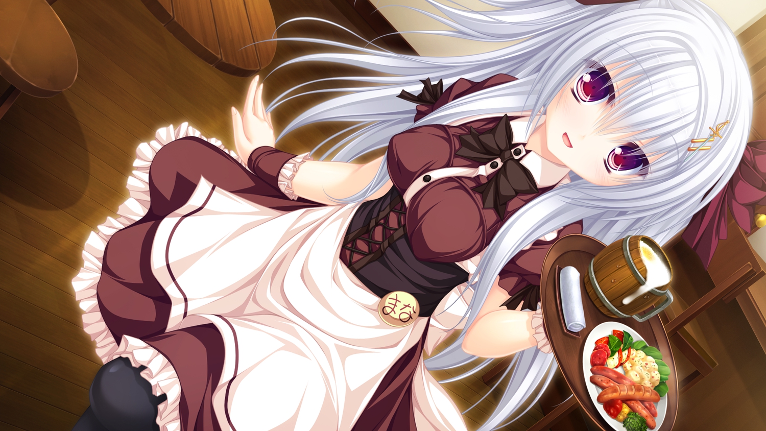 bow, corset, drink, food, game_cg, gray_hair, justy_x_nasty, long_hair