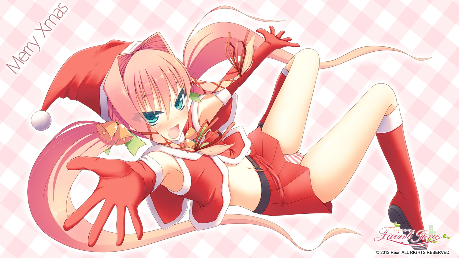 blush, boots, christmas, elbow_gloves, faint_tone, fumii, gloves, hat, panties, pink_hair, santa_costume, santa_hat, skirt, striped_panties, sumikko_soft, twintails, underwear