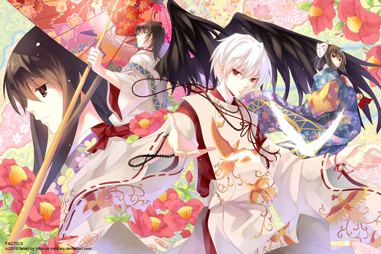 animal, bird, black_hair, blue_eyes, brown_eyes, flowers, haruka_(tactics), ichinomiya_kantarou, japanese_clothes, kimono, male, mask, myhilary, red_eyes, tactics, umbrella, white_hair, wings, youko_(tactics)