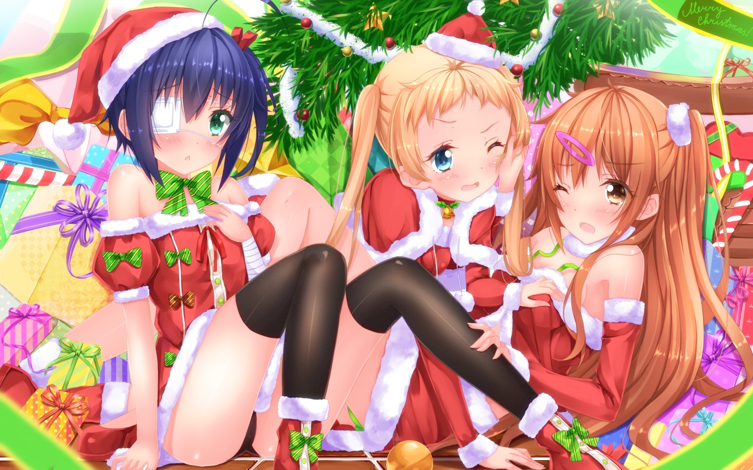 blonde_hair, blue_eyes, blue_hair, blush, bow, brown_eyes, brown_hair, christmas
