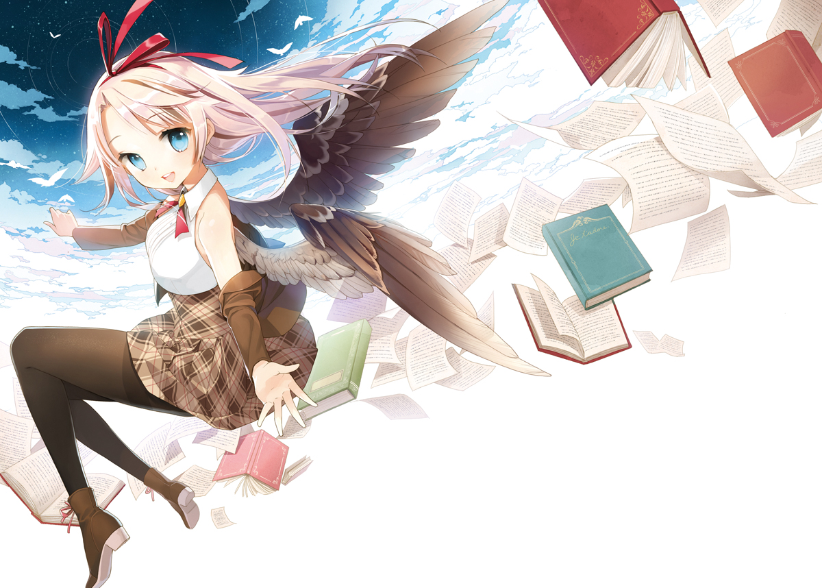 animal, bird, blue_eyes, book, clouds, original, pantyhose, ribbons