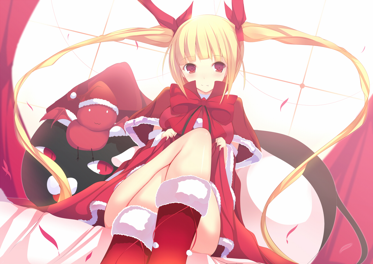 blazblue, blonde_hair, blush, bow, christmas, daiaru, hat, long_hair