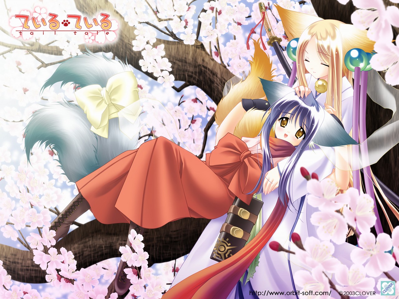 2girls, animal_ears, blonde_hair, boots, bow, cherry_blossoms, clover_(company), flowers