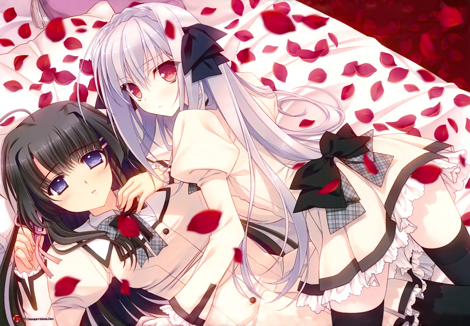 2girls, black_hair, gray_hair, hananomiya_mizuho, long_hair, navel_(company), nishimata_aoi, petals