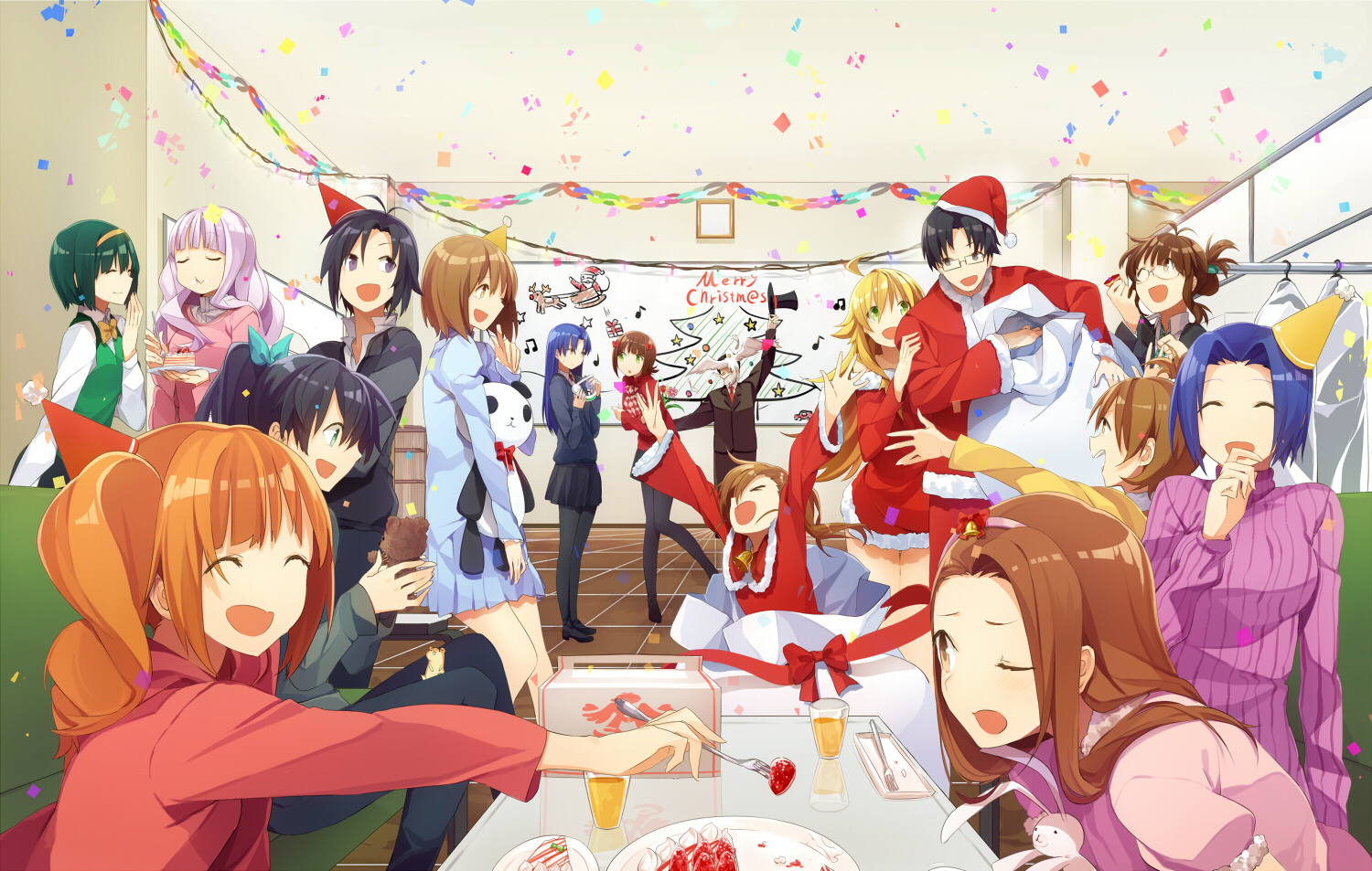 akizuki_ritsuko, amami_haruka, black_hair, blonde_hair, blue_hair, brown_eyes, brown_hair, cake, christmas, food, futami_ami, futami_mami, ganaha_hibiki, green_eyes, green_hair, group, hagiwara_yukiho, hoshii_miki, idolmaster, kikuchi_makoto, kisaragi_chihaya, long_hair, male, minase_iori, miura_azusa, orange_hair, panda_(pandadesu), producer_(idolmaster), purple_eyes, purple_hair, shijou_takane, short_hair, tagme_(character), takatsuki_yayoi, twins