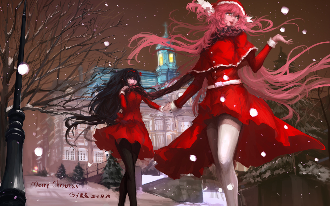 2girls, akemi_homura, black_hair, blackrabbitsoul, building, christmas, kaname_madoka, long_hair