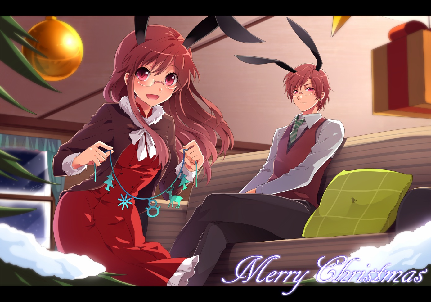 animal_ears, blush, brown_hair, christmas, dress, glasses, long_hair, milcho