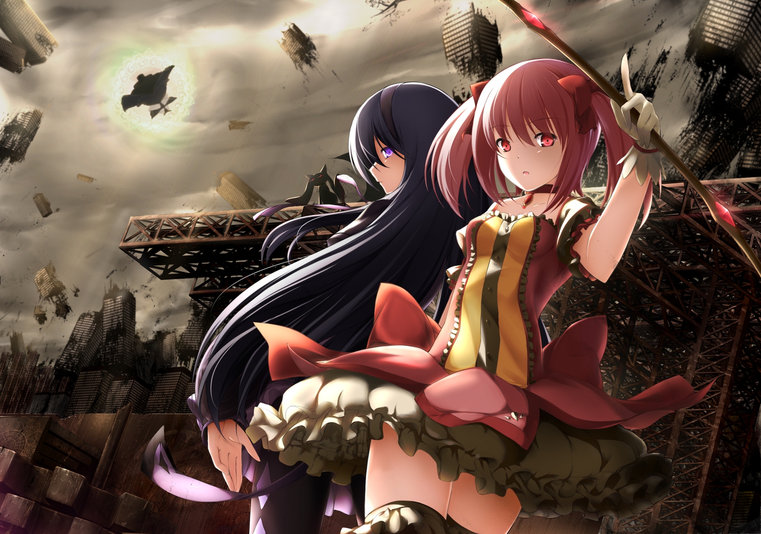 akemi_homura, black_hair, bow_(weapon), building, city, dress, gloves, kaname_madoka, kopianget, kyuubee, long_hair, mahou_shoujo_madoka_magica, pantyhose, pink_eyes, pink_hair, purple_eyes, ribbons, stockings, twintails, walpurgis_no_yoru, weapon