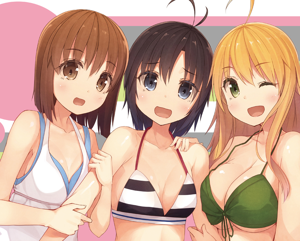 bikini, black_hair, blonde_hair, blue_eyes, breasts, brown_hair, cleavage, green_eyes, hagiwara_yukiho, hoshii_miki, idolmaster, kikuchi_makoto, long_hair, shiva_(executor), short_hair, swimsuit, underboob, wink