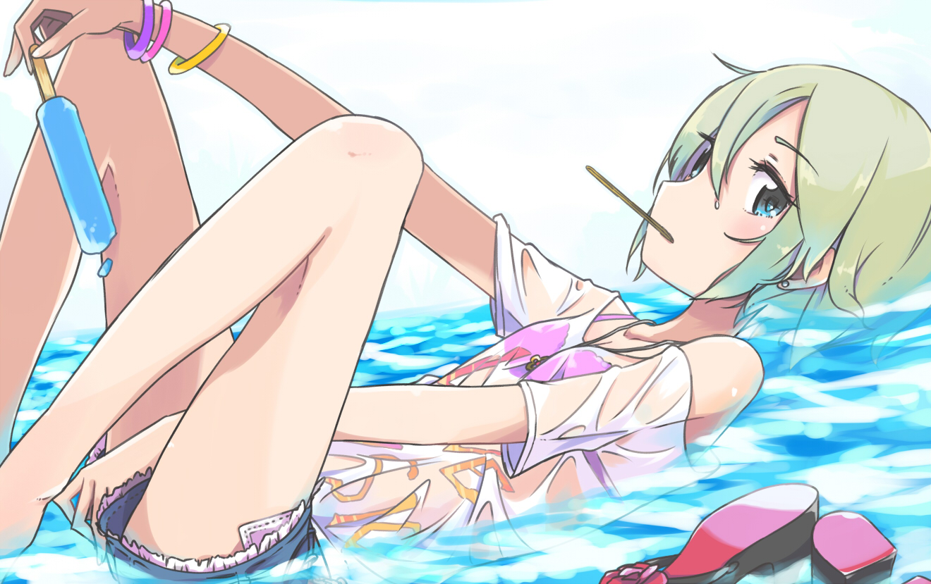 blue_eyes, green_hair, idolmaster, idolmaster_cinderella_girls, popsicle, see_through, shiomi_shuuko, short_hair, shorts, ueshita, water, wet, white