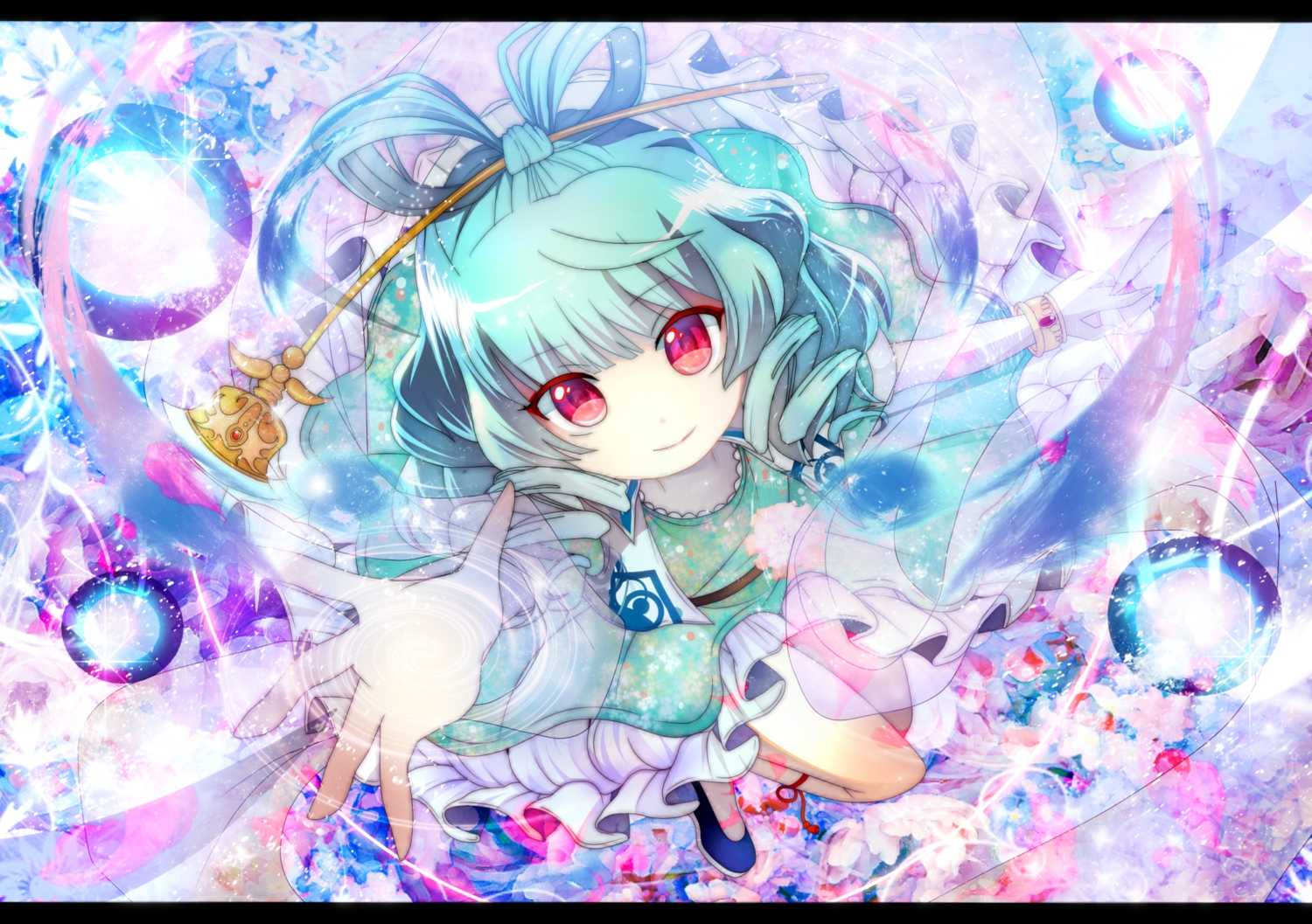 blue_hair, dress, fumiko_(miruyuana), kaku_seiga, pink_eyes, ribbons, short_hair, touhou