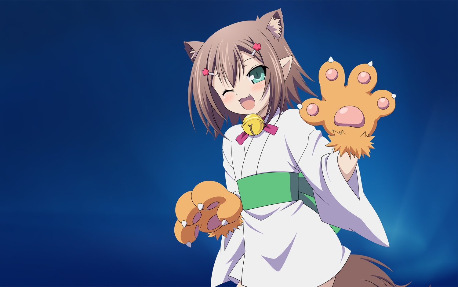 all_male, animal_ears, baka_to_test_to_shoukanjuu, blue, brown_hair, fang, green_eyes, japanese_clothes