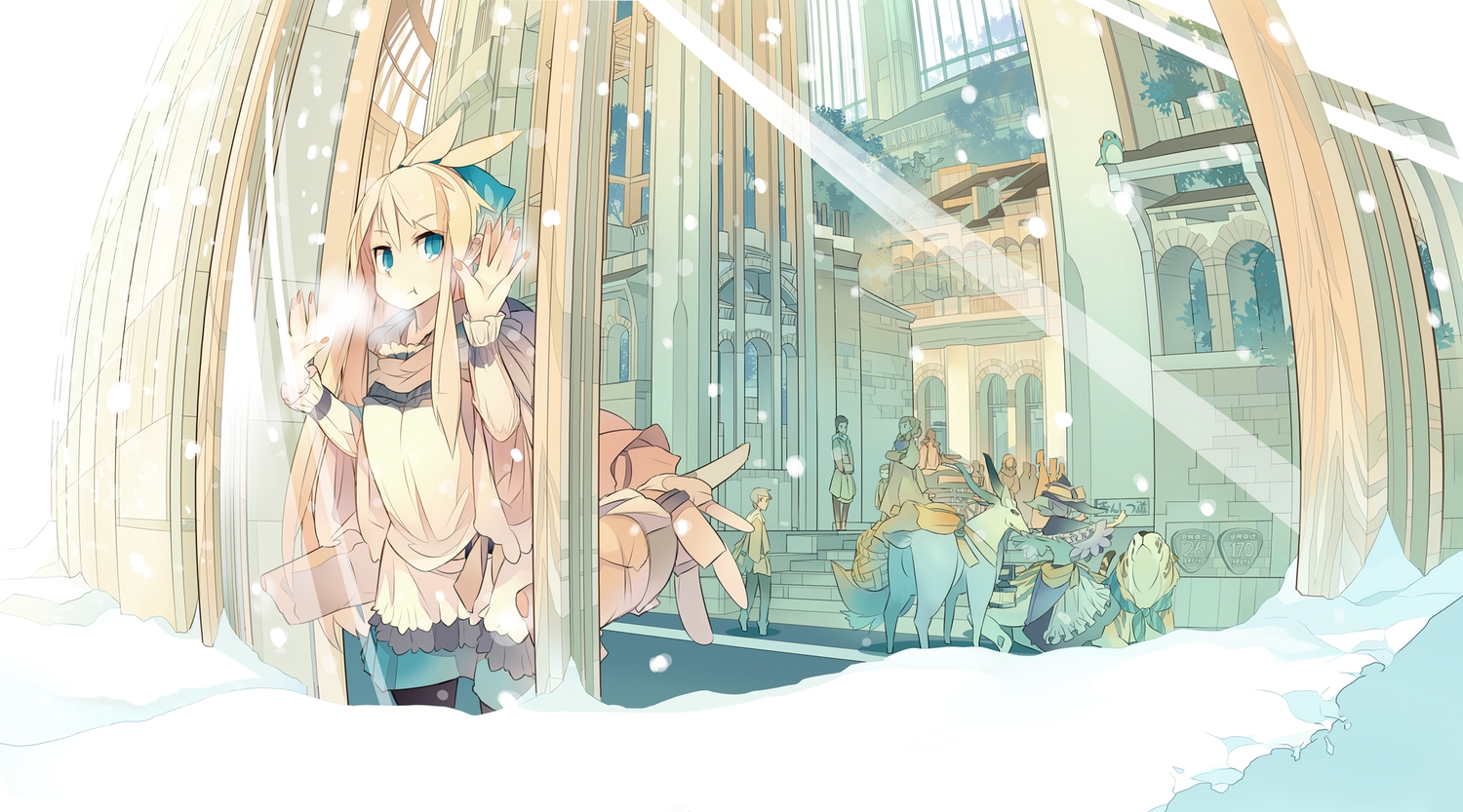 akitsu_taira, animal, aqua_eyes, blonde_hair, dress, hat, long_hair, original, pantyhose, snow