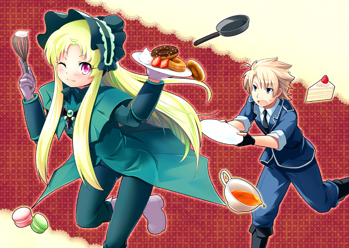 alexander_(twin_angel), blonde_hair, blue_eyes, blush, food, gloves, kaitou_tenshi_twin_angel, kouzu_shou