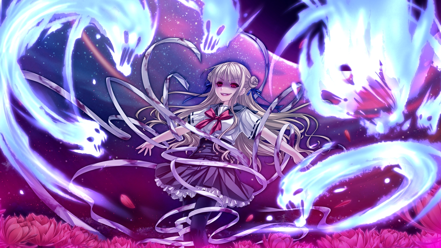 blonde_hair, bow, flowers, game_cg, long_hair, night, omoto_mitsuki, pantyhose