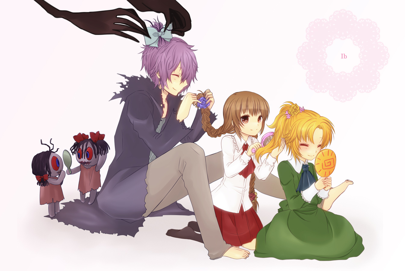 agi_(holic2007), barefoot, blonde_hair, blush, bow, brown_eyes, brown_hair, dress, flowers, gary_(ib), ib, ib_(ib), long_hair, mary_(ib), purple_hair, rose, short_hair, skirt, stockings