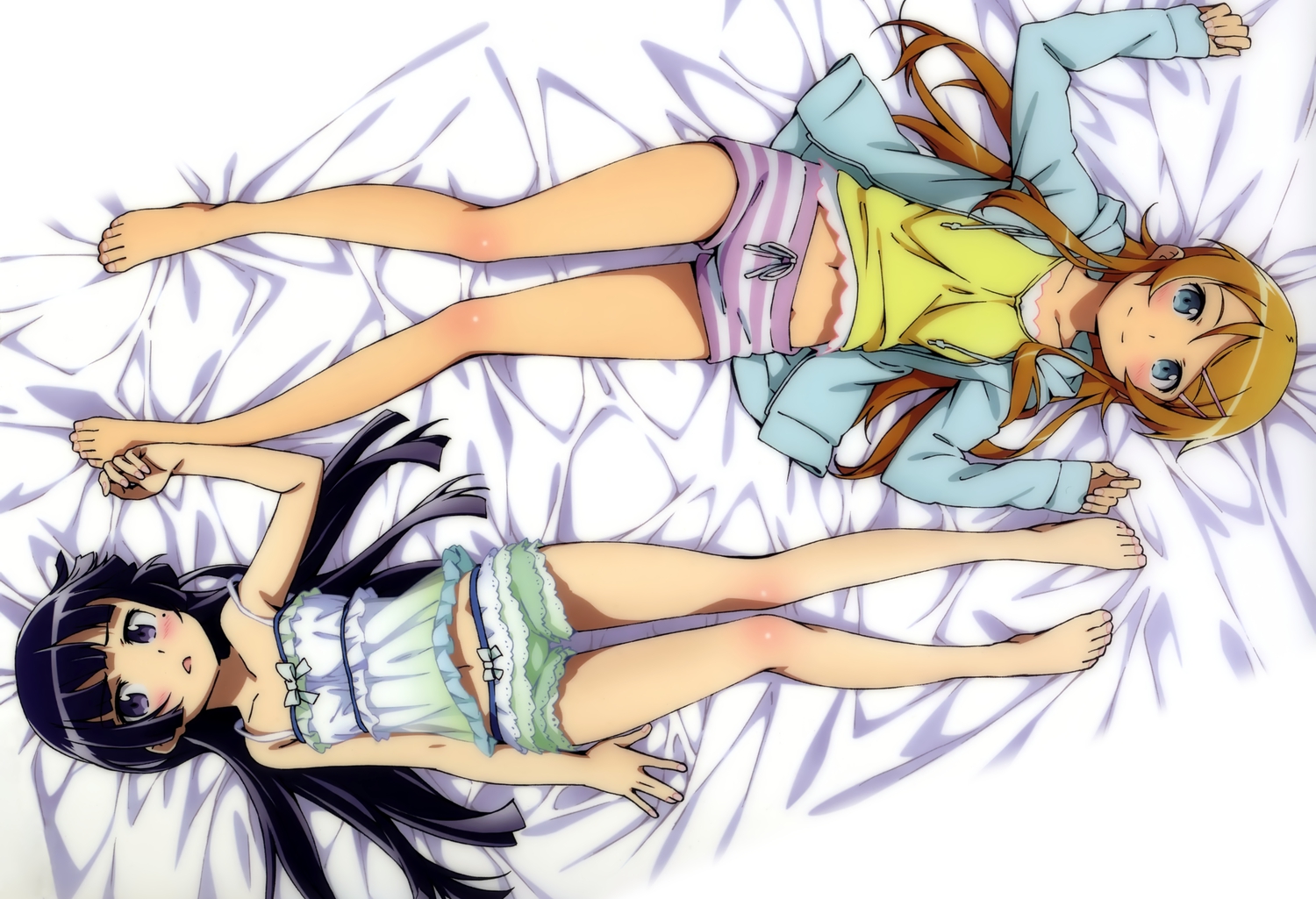 2girls, barefoot, bed, black_hair, brown_hair, gokou_ruri, kawakami_tetsuya, kousaka_kirino, long_hair, ore_no_imouto_ga_konna_ni_kawaii_wake_ga_nai, panties, striped_panties, underwear