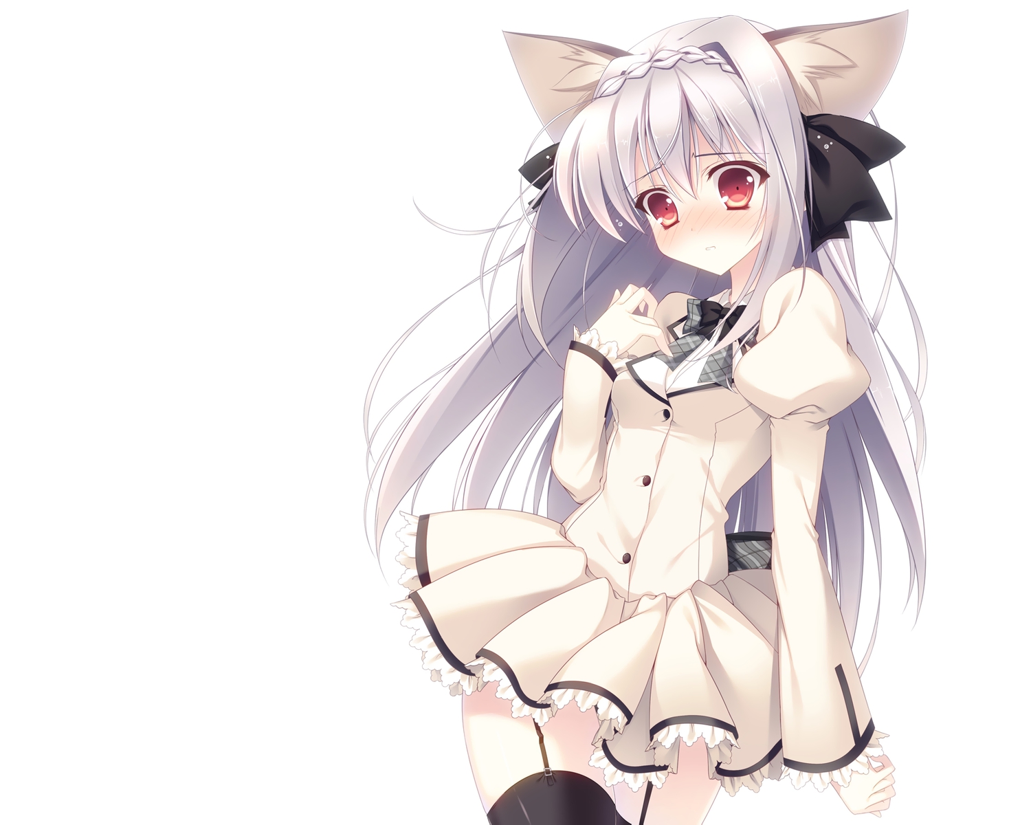 animal_ears, blush, garter_belt, gray_hair, long_hair, navel_(company), red_eyes, sakurakouji_luna, school_uniform, suzuhira_hiro, tail, thighhighs, tsuki_ni_yorisou_otome_no_sahou, white
