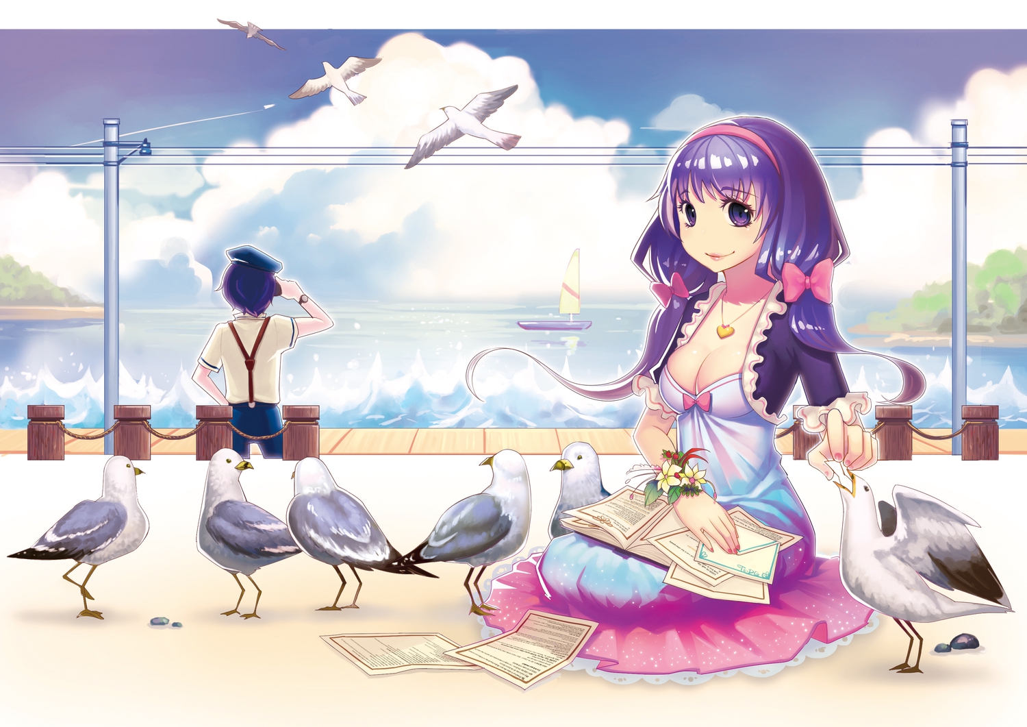 animal, bird, boat, breasts, cleavage, clouds, dress, fiodo