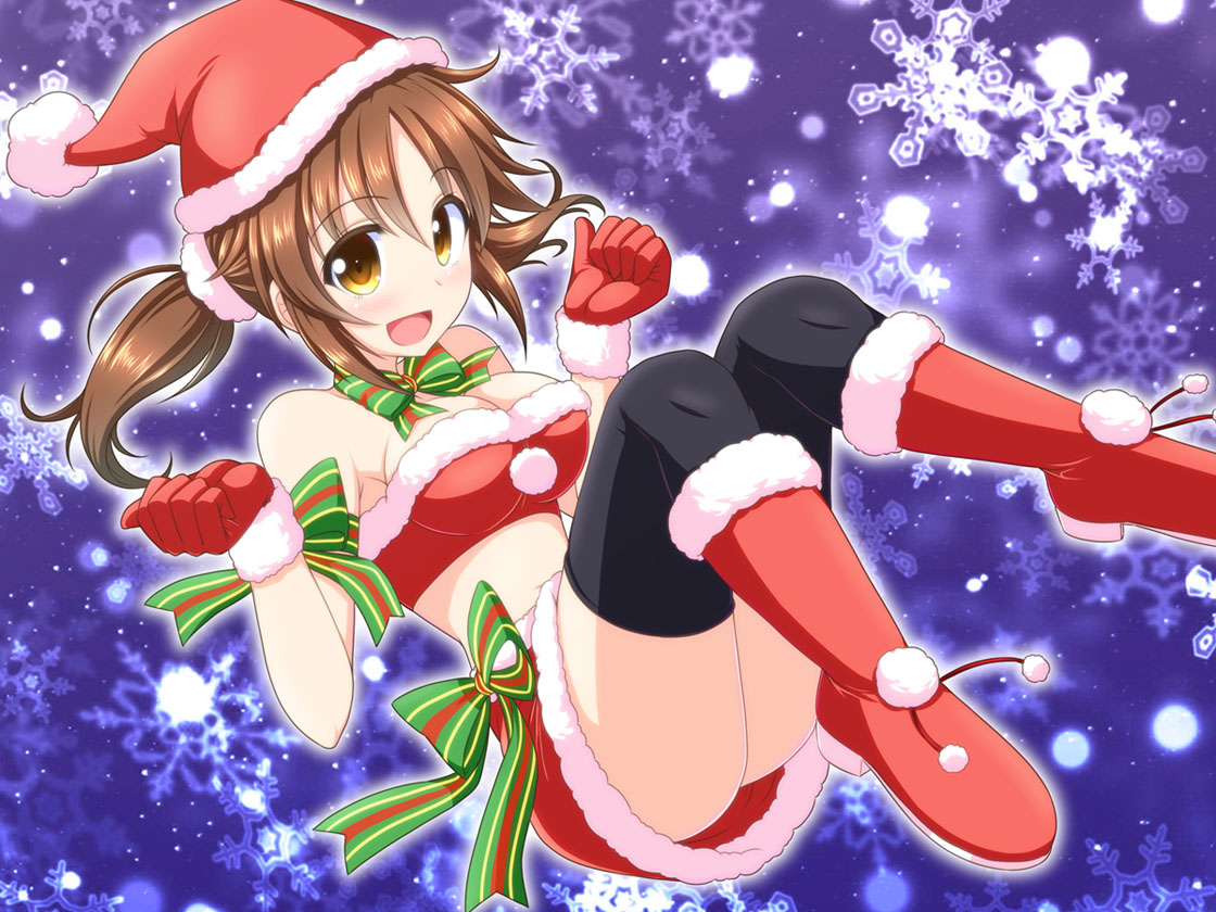 bococho, breasts, brown_eyes, brown_hair, christmas, cleavage, idolmaster, idolmaster_cinderella_girls, jpeg_artifacts, totoki_airi