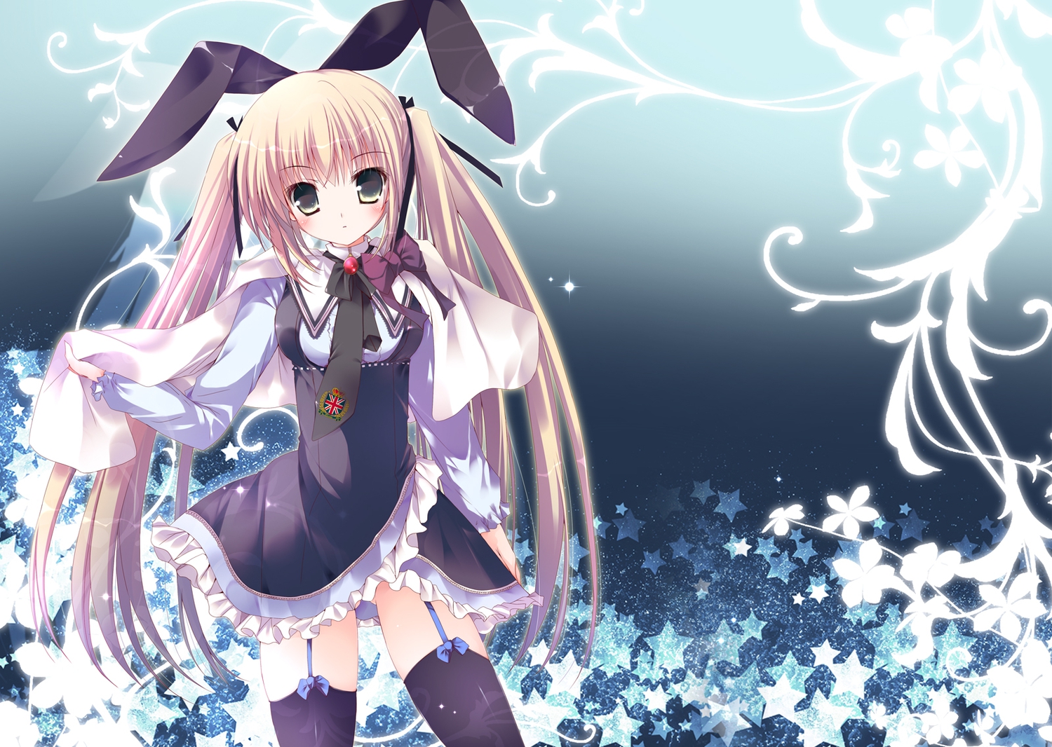 animal_ears, brown_hair, bunny_ears, bunnygirl, long_hair, mizusawa_mimori, original, thighhighs, tie, twintails