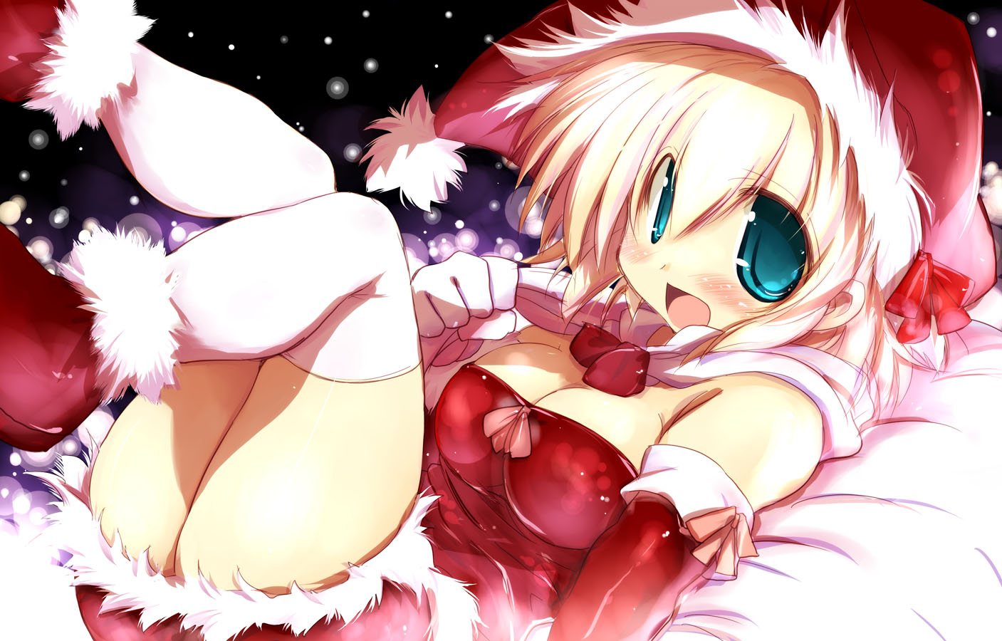 aqua_eyes, blonde_hair, breasts, christmas, cleavage, elbow_gloves, gloves, hat