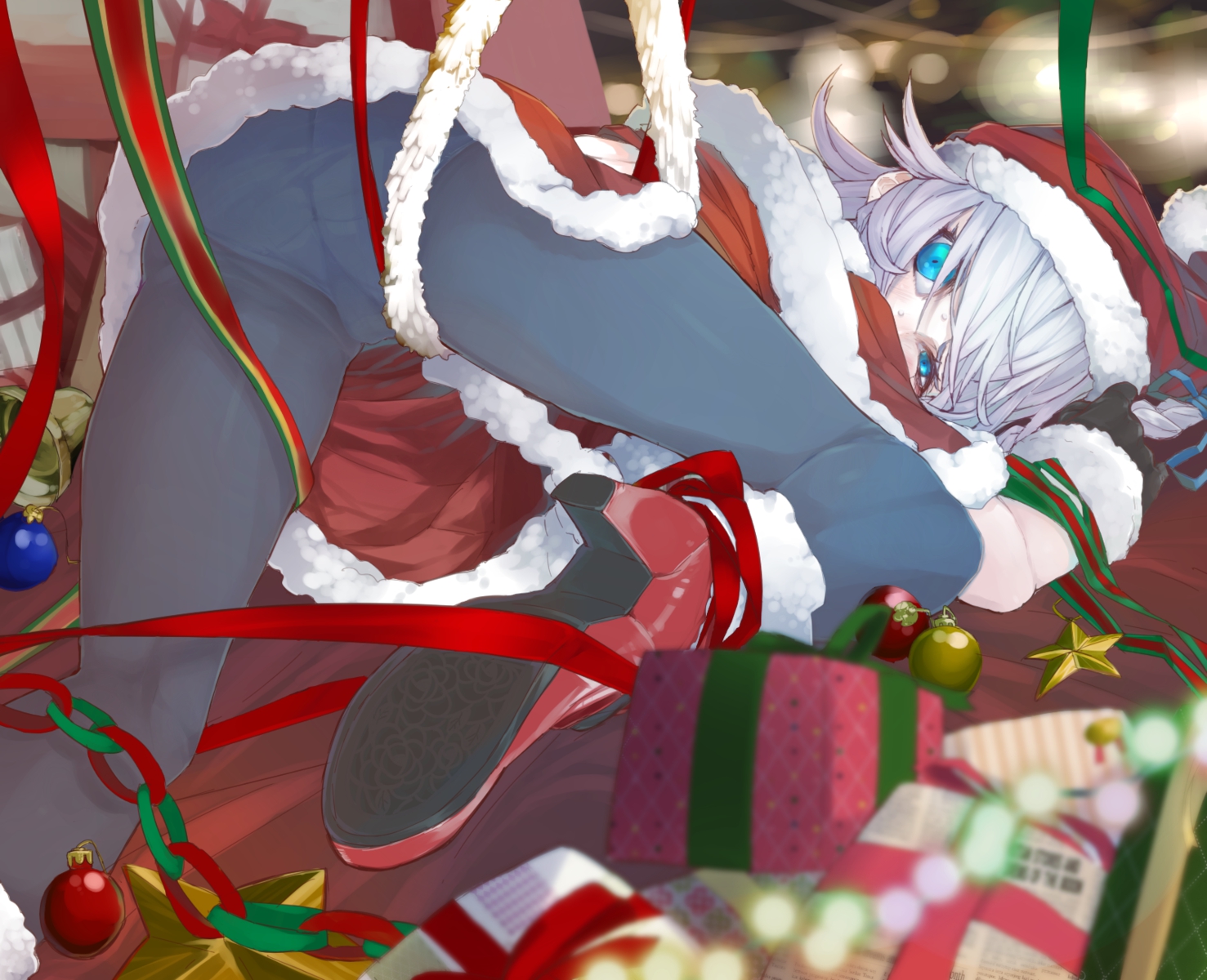 aqua_eyes, christmas, izayoi_sakuya, kumonji_aruto, panties, pantyhose, santa_costume, touhou, underwear