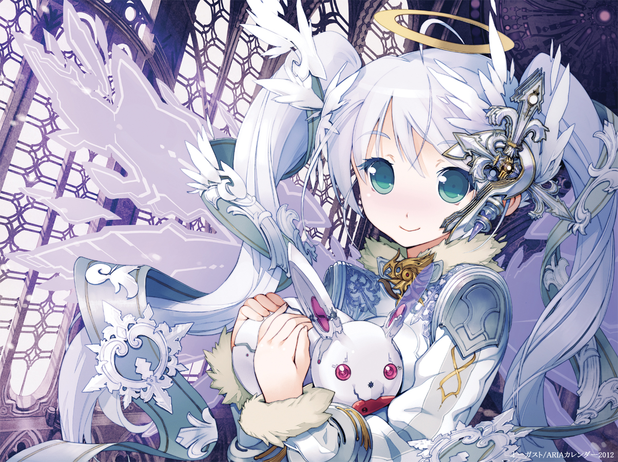 animal, aqua_eyes, long_hair, mecha, original, rabbit, sanbasou, twintails, white_hair, wings