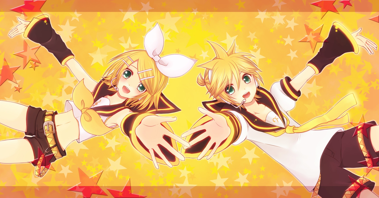 agi_(holic2007), blonde_hair, green_eyes, headphones, kagamine_len, kagamine_rin, male, microphone