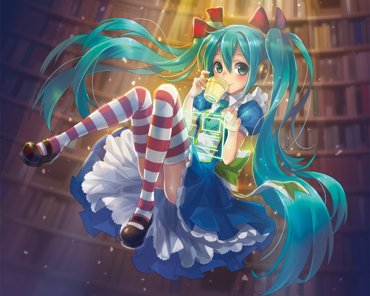 aqua_eyes, aqua_hair, dress, drink, hatsune_miku, thighhighs, twintails, vocaloid, yamori_(stom)