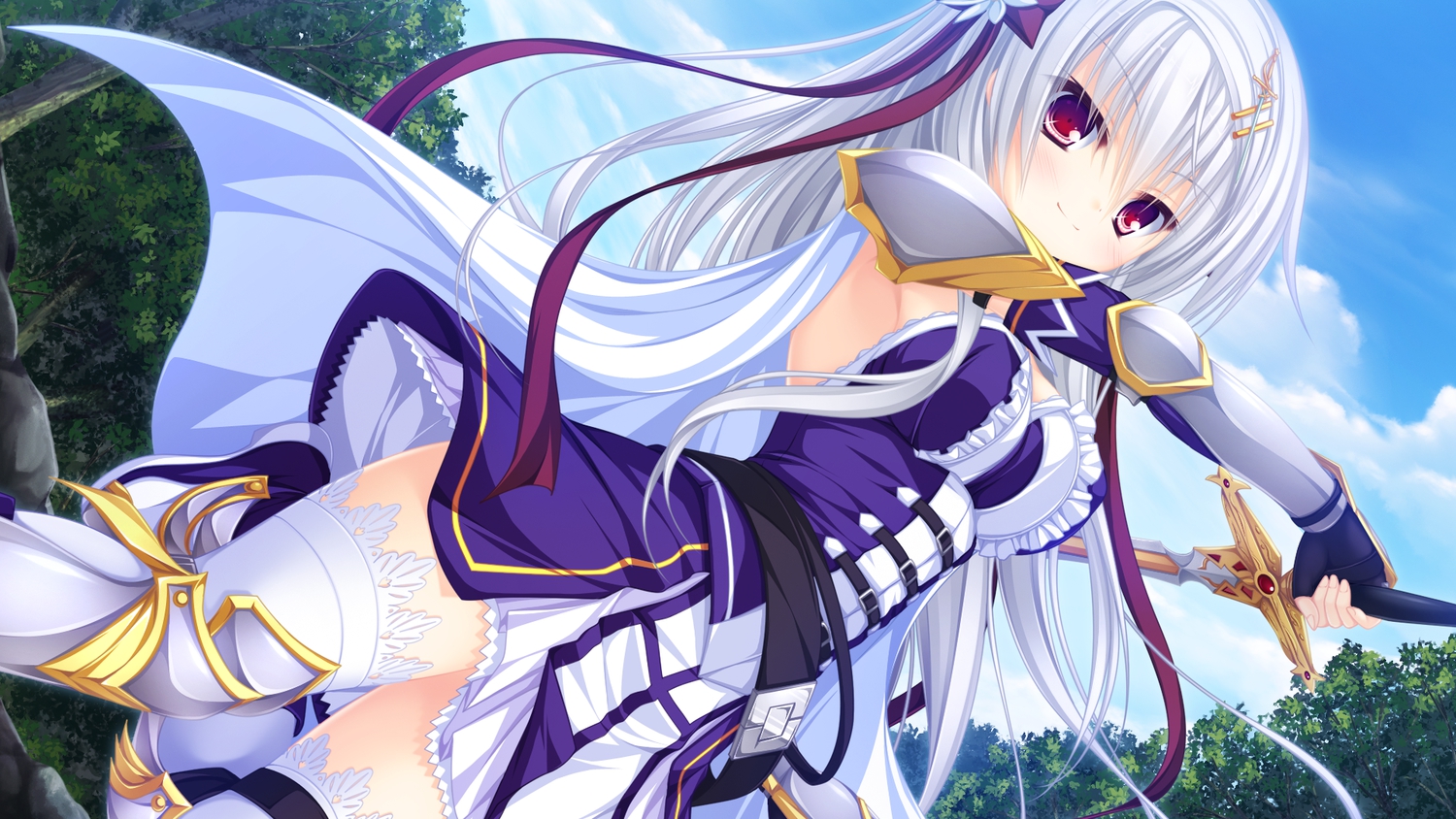 armor, blush, bow, cape, clouds, game_cg, gray_hair, justy_x_nasty