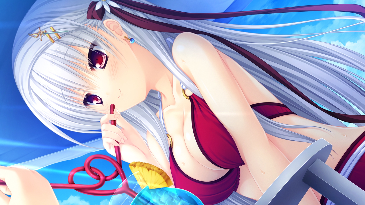 bikini, blush, bow, breasts, cleavage, clouds, drink, food, fruit, game_cg, gray_hair, heart, justy_x_nasty, long_hair, mikagami_mamizu, onose_mana, red_eyes, ribbons, swimsuit, whirlpool