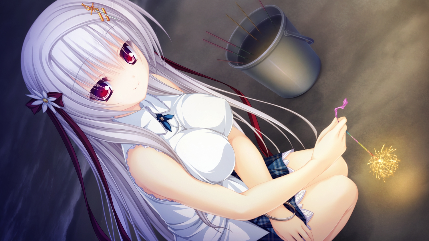 beach, bow, breasts, fireworks, game_cg, gray_hair, justy_x_nasty, long_hair
