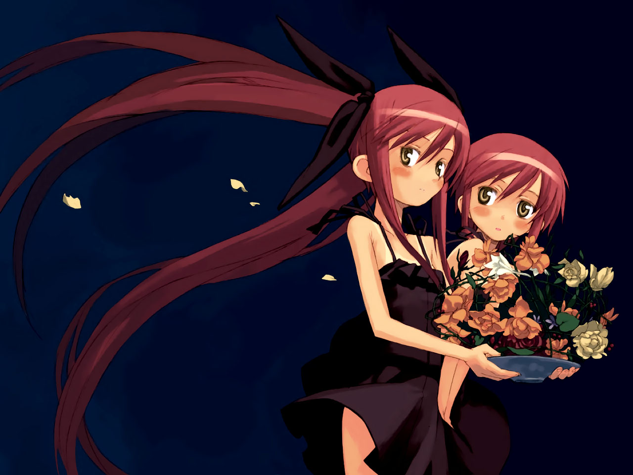 flowers, jpeg_artifacts, kousaka_alice, kousaka_maria, kuroboshi_kouhaku, suigetsu, twins