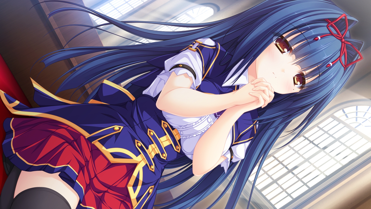 blue_hair, blush, game_cg, justy_x_nasty, long_hair, mikagami_mamizu, ootsuki_karin, school_uniform, thighhighs, whirlpool, yellow_eyes, zettai_ryouiki