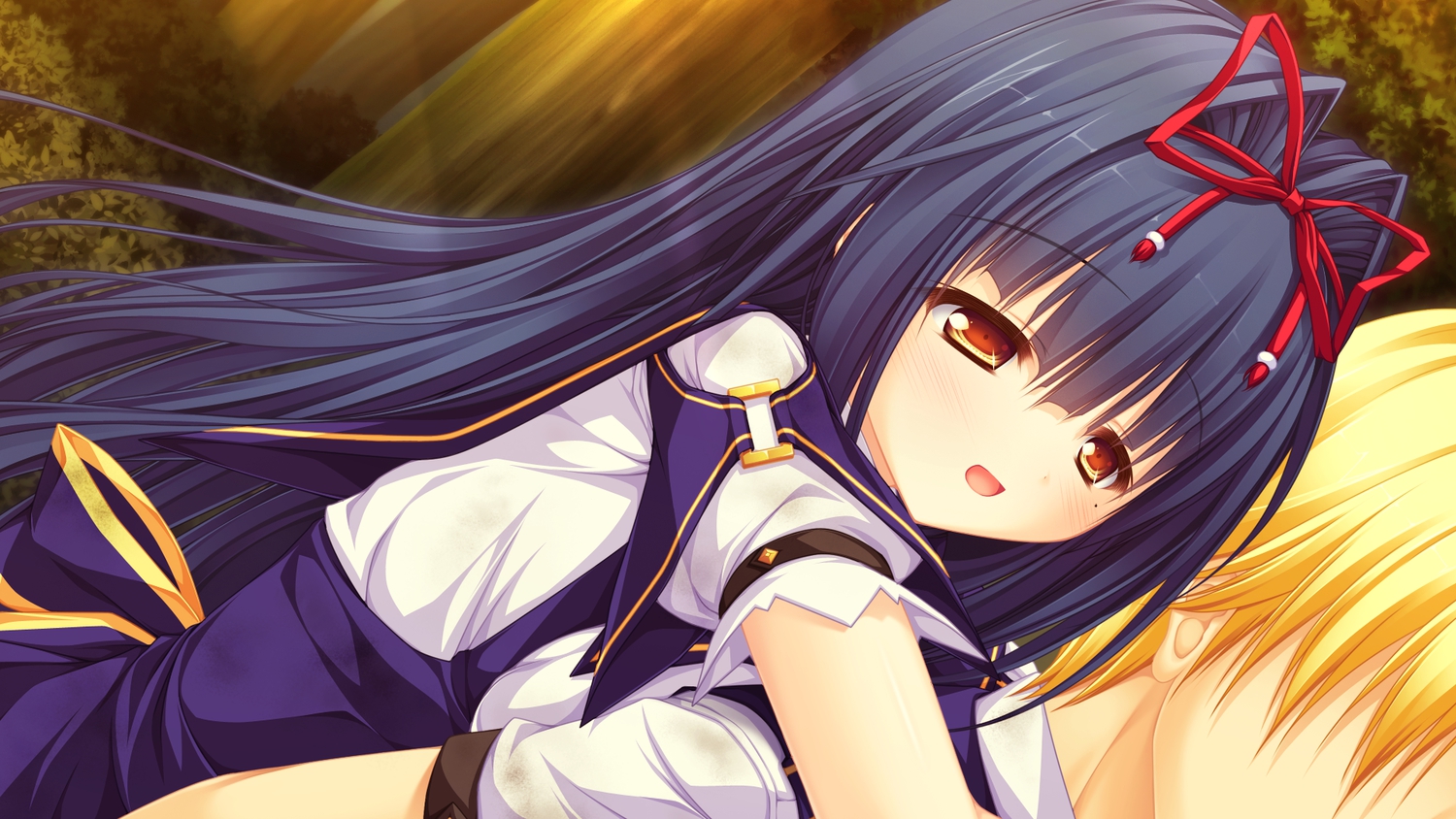 blonde_hair, blue_hair, blush, game_cg, justy_x_nasty, leaves, long_hair, mikagami_mamizu