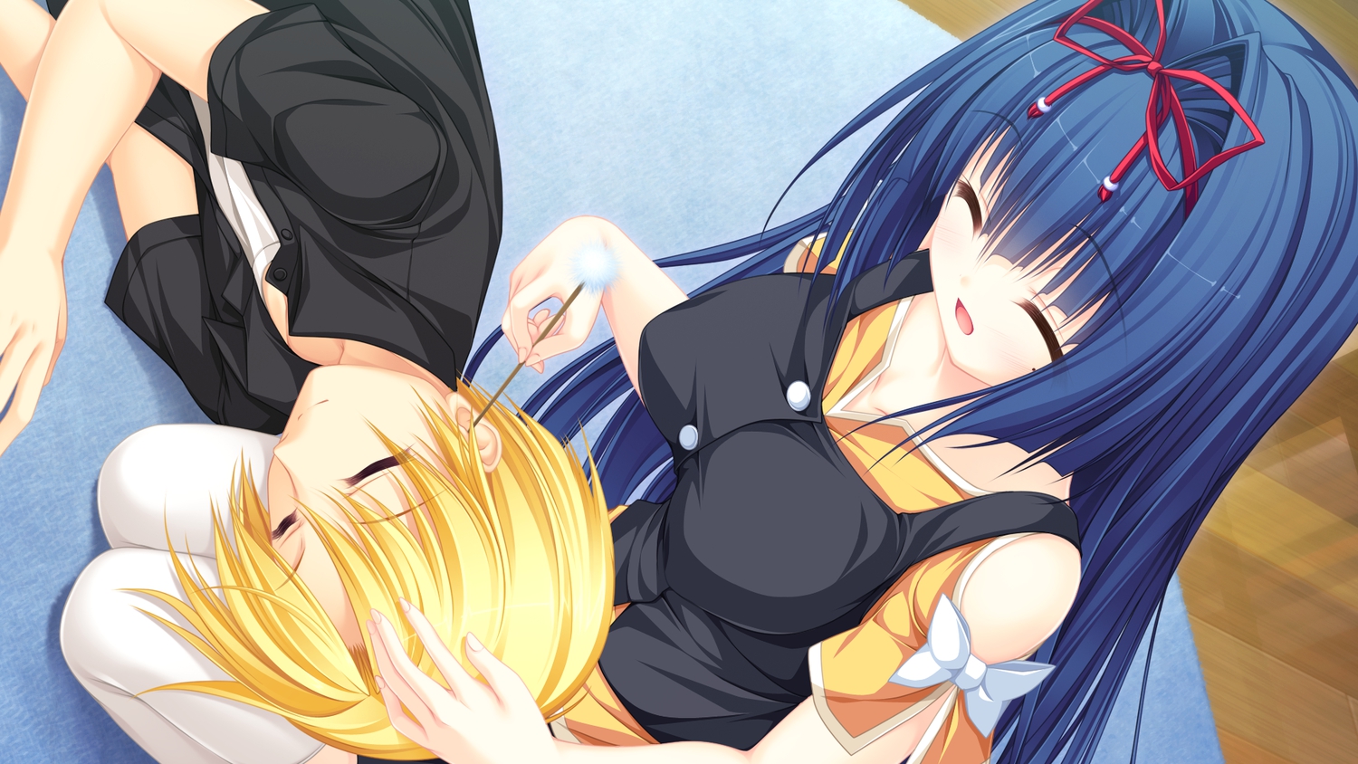 blonde_hair, blue_hair, blush, bow, breasts, game_cg, justy_x_nasty, long_hair