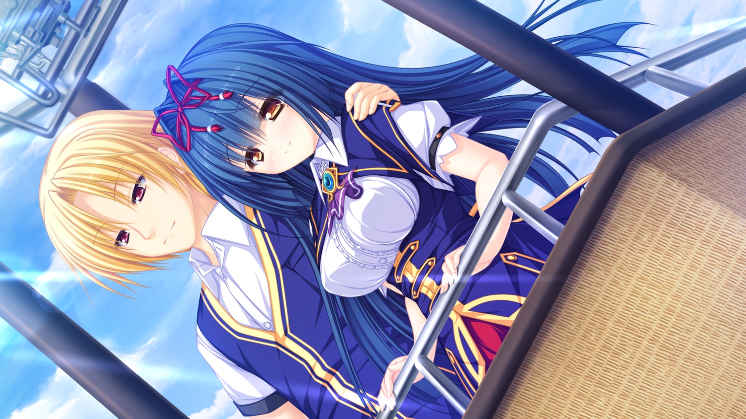 blonde_hair, blue_hair, blush, clouds, game_cg, justy_x_nasty, long_hair, mikagami_mamizu
