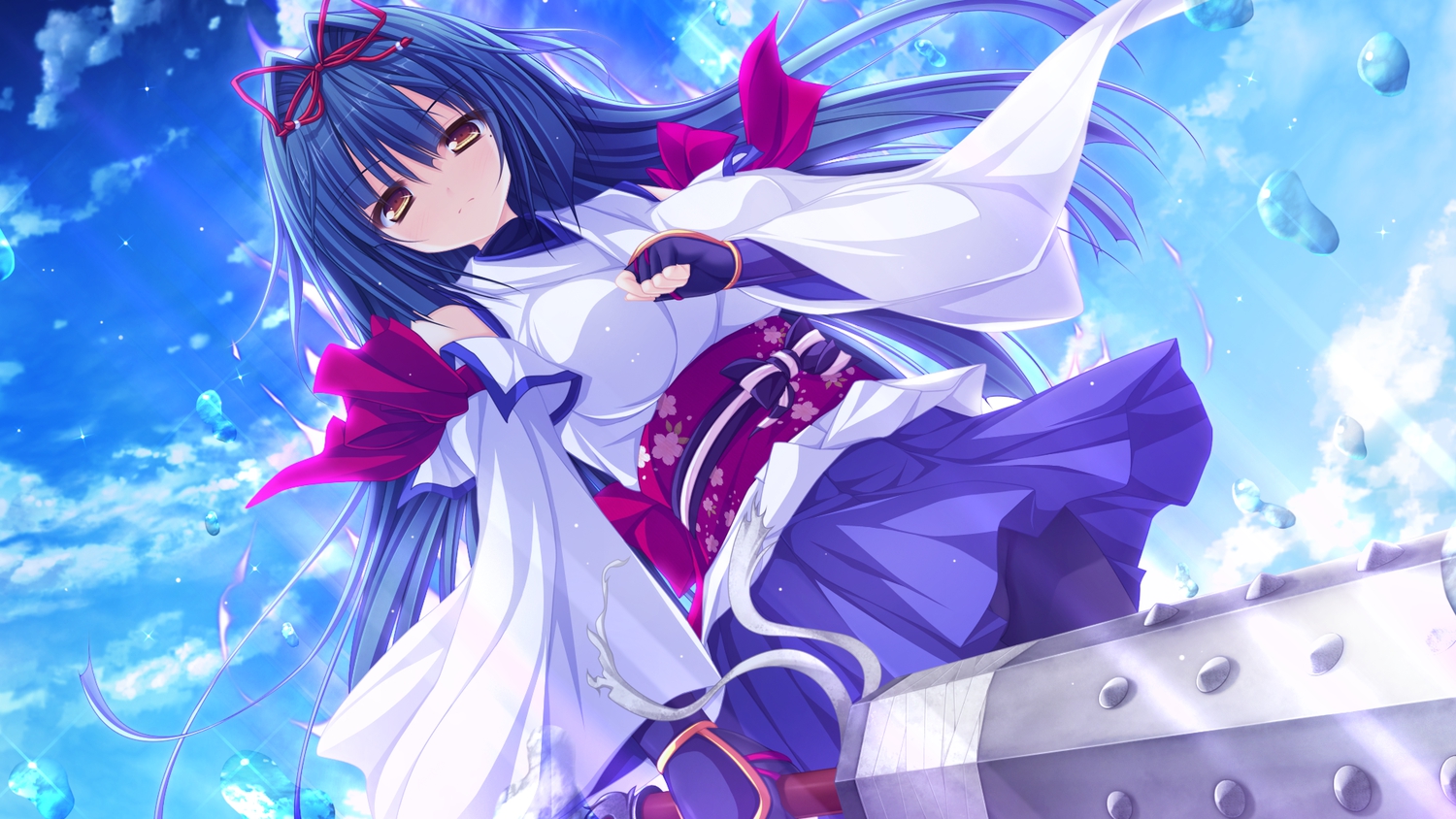 armor, blue_hair, clouds, game_cg, japanese_clothes, justy_x_nasty, mikagami_mamizu, ootsuki_karin