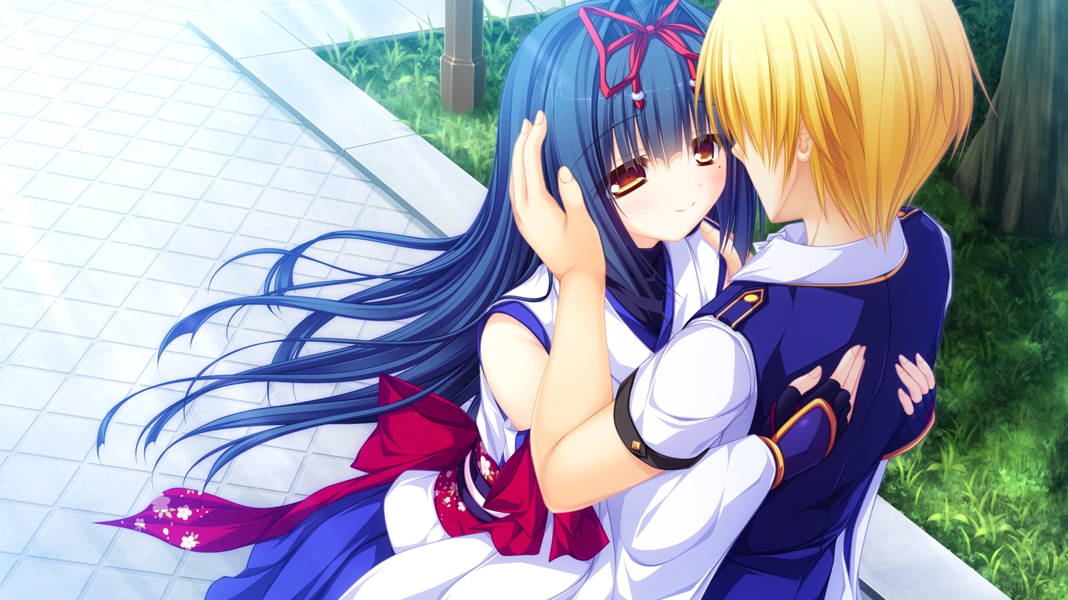 armor, blonde_hair, blue_hair, game_cg, grass, japanese_clothes, justy_x_nasty, long_hair