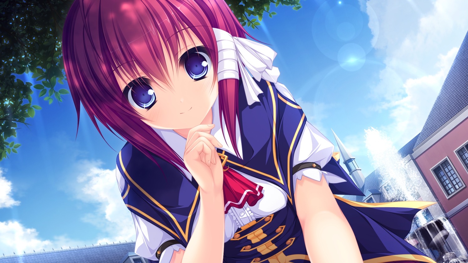 blue_eyes, blush, bow, building, close, clouds, game_cg, justy_x_nasty