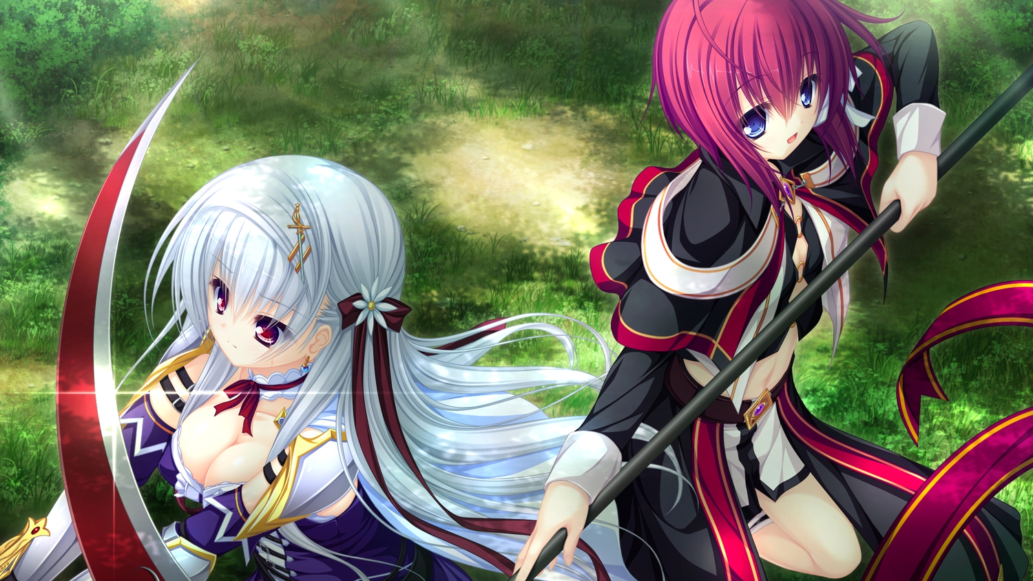 2girls, armor, blue_eyes, bow, breasts, choker, cleavage, dress