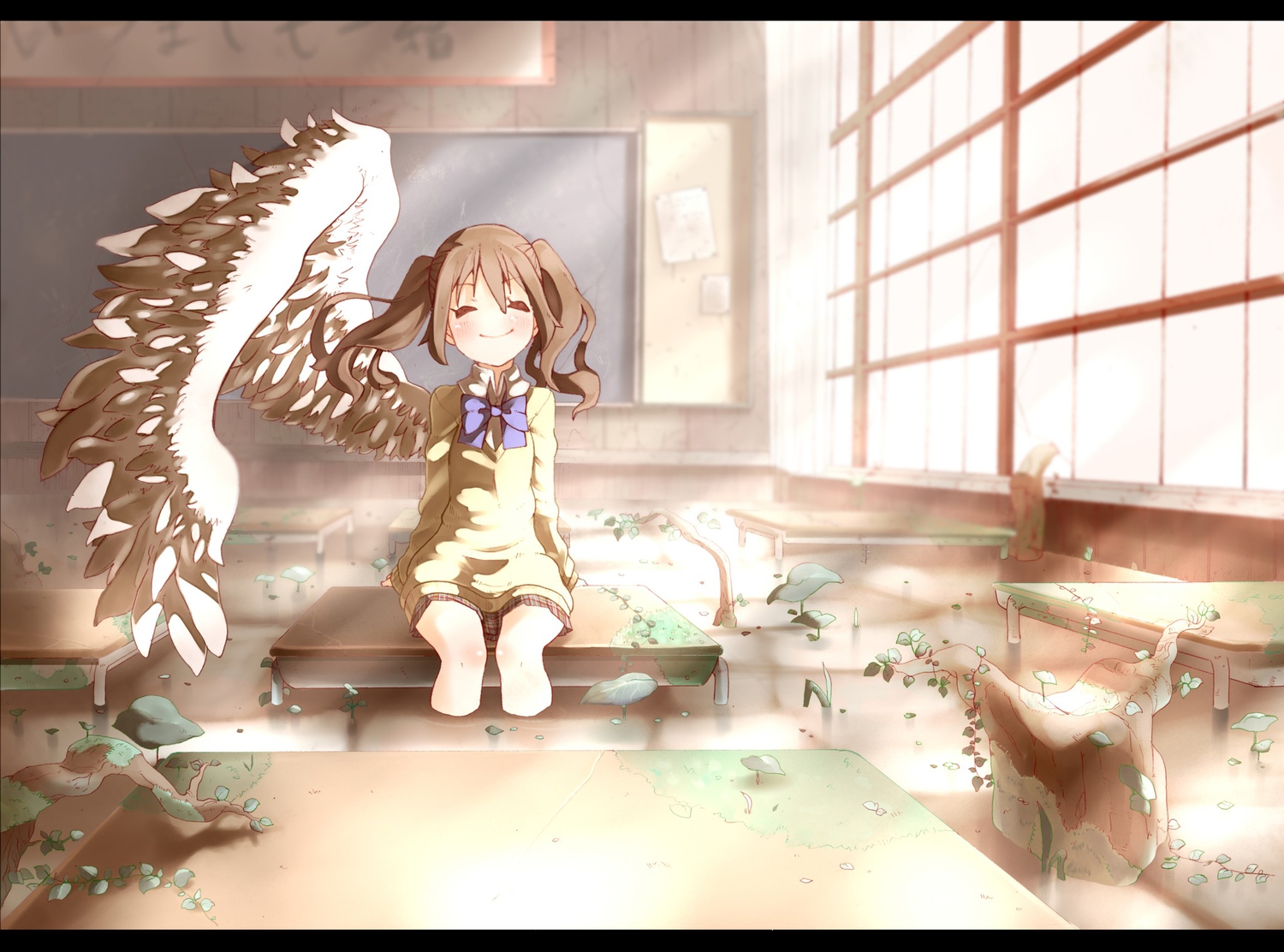 bow, original, school_uniform, shunsuke, twintails, water, wings