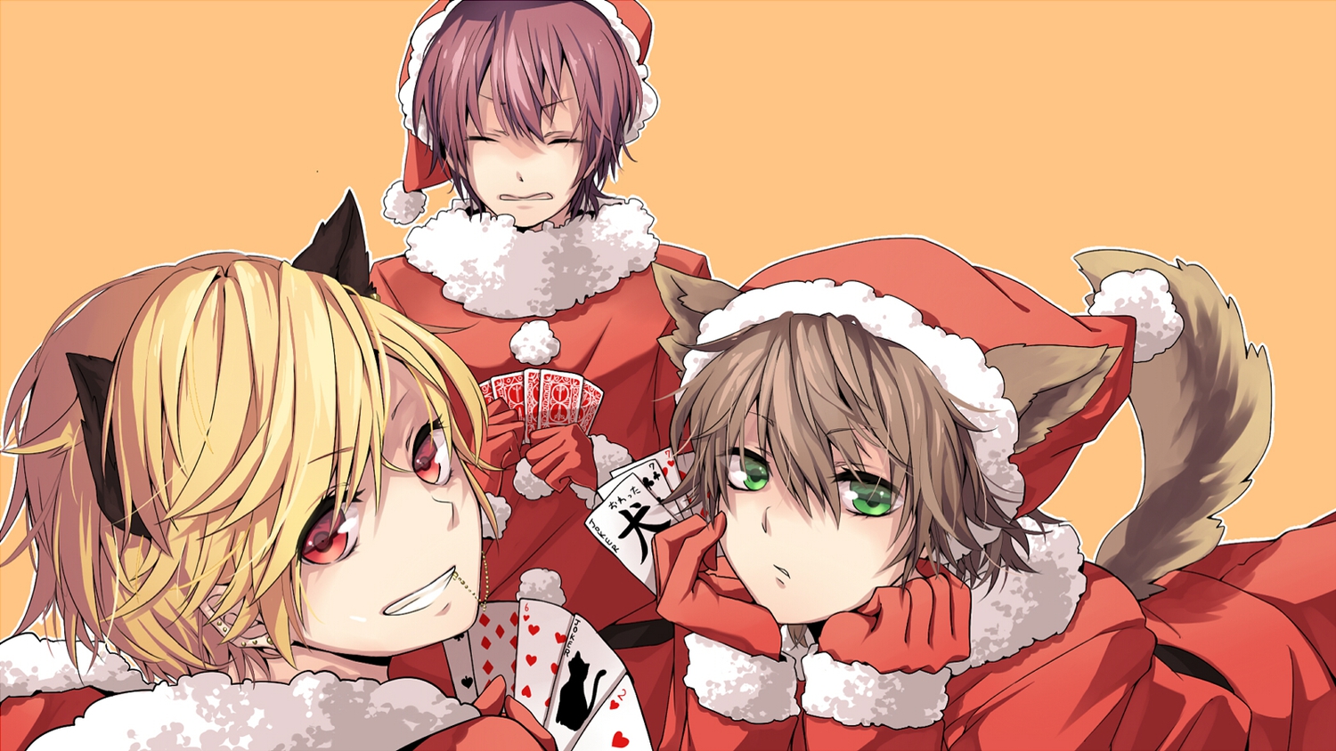 96neko, animal_ears, asasumiboochan, blonde_hair, brown_hair, christmas, gloves, green_eyes, hat, kogeinu, nico_nico_singer, pink_hair, red_eyes, short_hair, tail, vip_tenchou