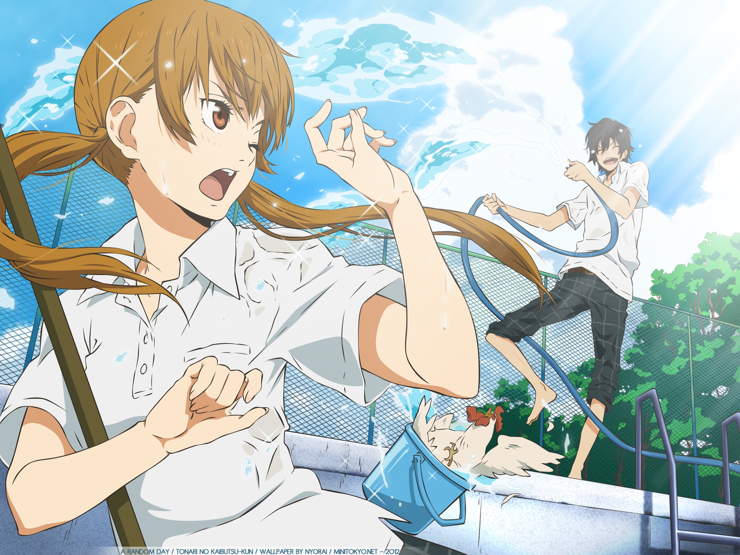 animal, black_hair, brown_eyes, brown_hair, clouds, long_hair, mizutani_shizuku, school_uniform, short_hair, sky, tonari_no_kaibutsu-kun, tree, water, yoshida_haru