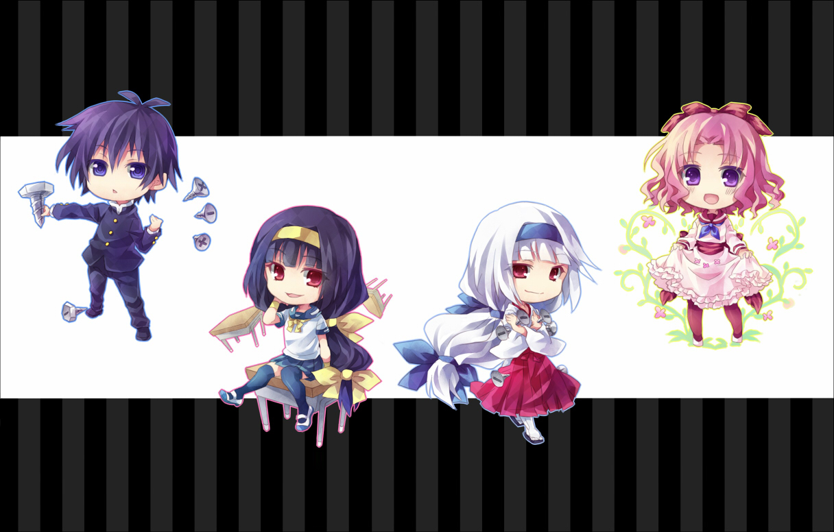 ajimu_najimi, black_hair, blue_eyes, blush, chibi, dress, emukae_mukae, kumagawa_misogi, long_hair, medaka_box, pink_hair, purple_eyes, red_eyes, ribbons, school_uniform, short_hair, white_hair