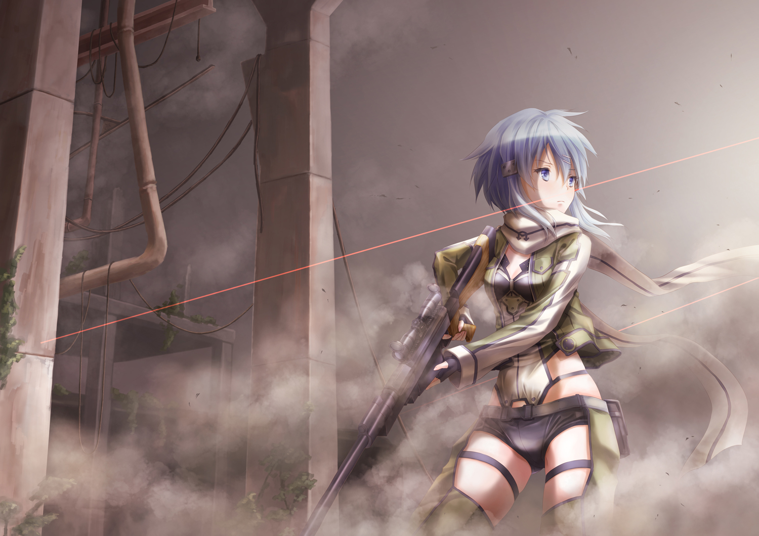 blue_eyes, blue_hair, gloves, gun, gun_gale_online, hadi, scarf, shinon_(sao), short_hair, sword_art_online, weapon